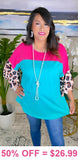 Turquoise and Pink Top with leopard bell sleeves