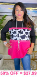 Pink, Cow print, Bandana Stripe color block top