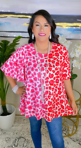 XL...Pink and Red leopard ombre flutter top - LOOSE FITTING