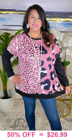 Half / Pink leopard prints, black long sleeve top