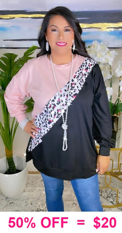 SALE: Blush, Leopard diagonal stripe, Black long sleeve