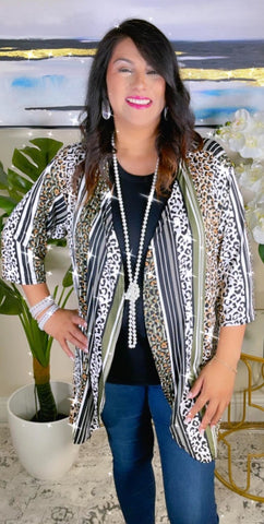 White Leopard & Olive Stripe  Cardigan