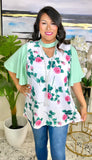 S,M,L,XL White Floral Blouse with Mint flutter sleeves