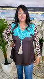 Turquoise tooling, Brown top with leopard sleeves