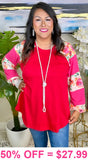 Red Top with Pink & Floral Long Sleeves