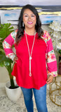 Red Top with Pink & Floral Long Sleeves