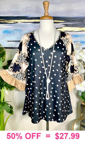 Black & White Top with leopard bell sleeves