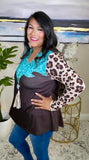 Turquoise tooling, Brown top with leopard sleeves