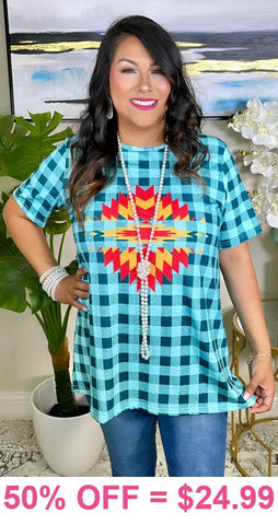 Turquoise Checkered top with tribal graphic