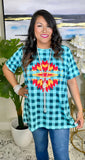 Turquoise Checkered top with tribal graphic