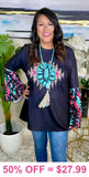 Black Top with Tribal Concho & Bell Sleeves