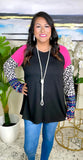 Black top with pink, leopard, tribal long sleeves