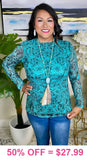 XL, 2X, 3X Turquoise Toole print sheer Fitted top