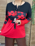 Black & Red color block top with crochet long sleeves