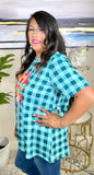 Turquoise Checkered top with tribal graphic