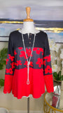 Black & Red color block top with crochet long sleeves