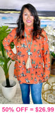 Orange Western print sheer long sleeve top