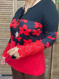 Black & Red color block top with crochet long sleeves