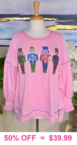 Pink Sweater with Sequin Nutcrackers