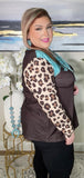 Turquoise tooling, Brown top with leopard sleeves