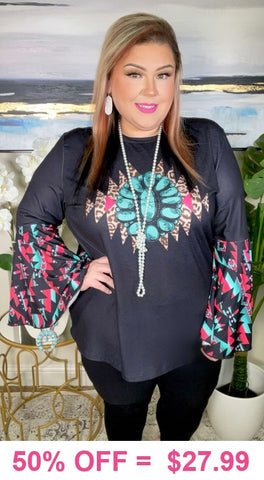 Black Top with Tribal Concho & Bell Sleeves