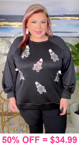 Black Sweater with Sequin Gingerbread patches