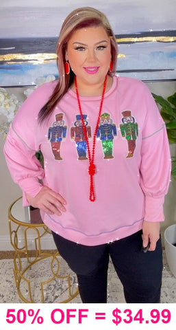 XL, 2X, 3X - Pink Sweater with Sequin Nutcrackers