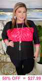 Black waffle knit top with pink zebra