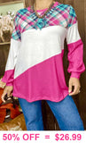 S-M-L : Turquoise Plaid, White, Pink long sleeve top