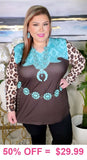 Turquoise tooling, Brown top with leopard sleeves