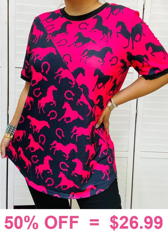 Hot Pink & Black horse print short sleeve top