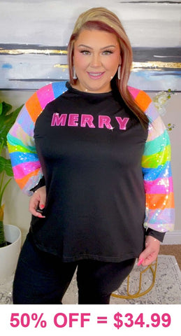 MERRY Black top sequin stripe sleeves