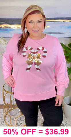 Pink Sweater with Sequin Candy Canes