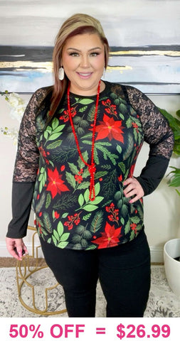 Holiday Floral top with Black lace sleeves