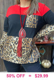 Red, Black, Sequin Block leopard long sleeve top