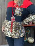 Red, Black, Sequin Block leopard long sleeve top