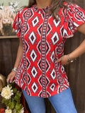 Red Tribal top with short ruffle sleeves