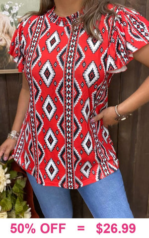 Red Tribal top with short ruffle sleeves