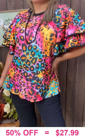 Colorful Leopard ruffle sleeve top