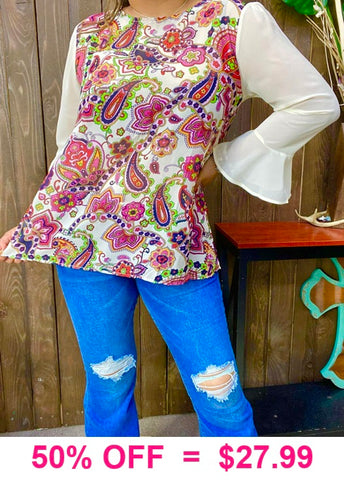 Paisley top with white sheer sleeves