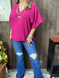 Magenta cotton ruffle trim top