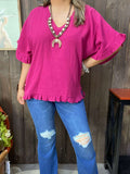 Magenta cotton ruffle trim top