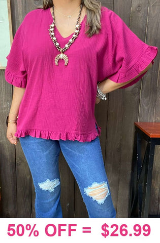 Magenta blouse with ruffle trim