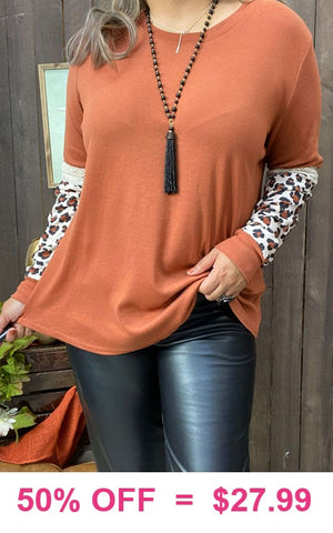 Rust top with leopard crochet long sleeves