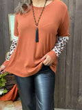 Rust top with leopard crochet long sleeves