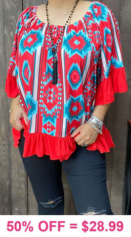 Red Turquoise tribal ruffle trim top