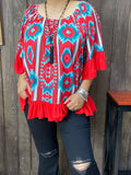 Red Turquoise tribal ruffle trim top