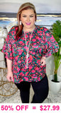 Pink abstract flower bell sleeve blouse