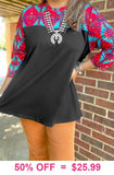 Black top with Red & Tq tribal sleeves