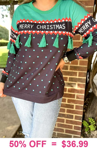 Merry Christmas green tassel sweater